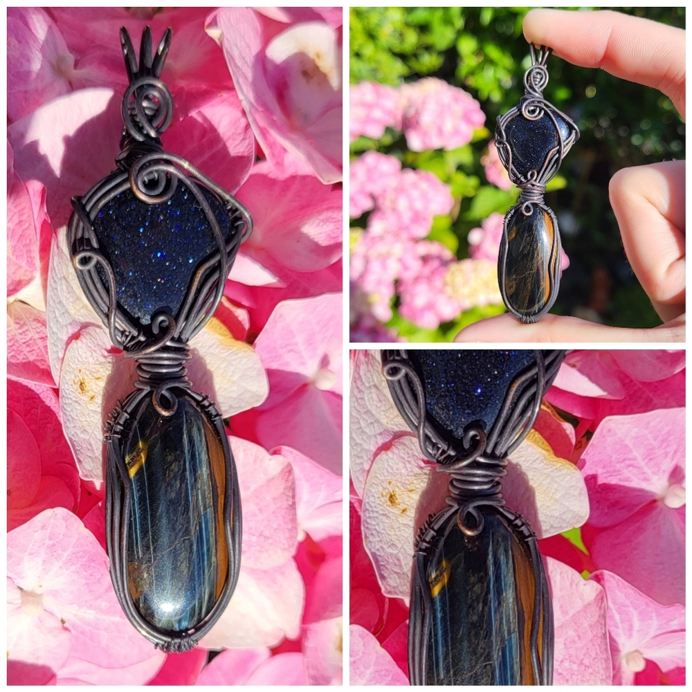 Handmade Blue Goldstone & Tigers Eye Pendant